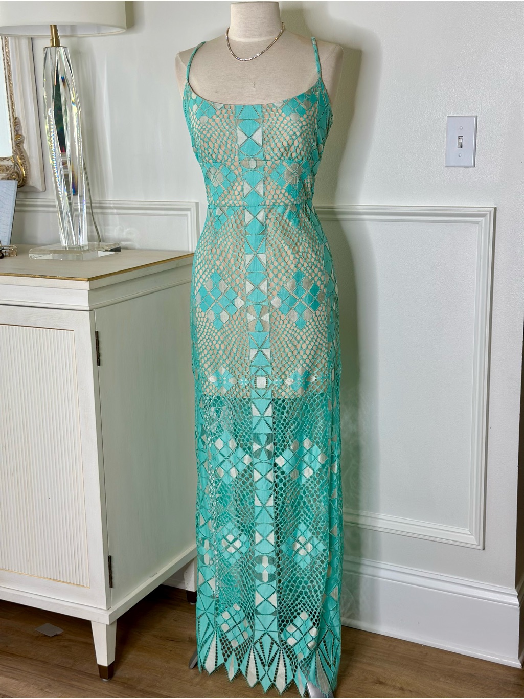 Turquoise Lace Maxi Dress - Sleeveless Strappy Design